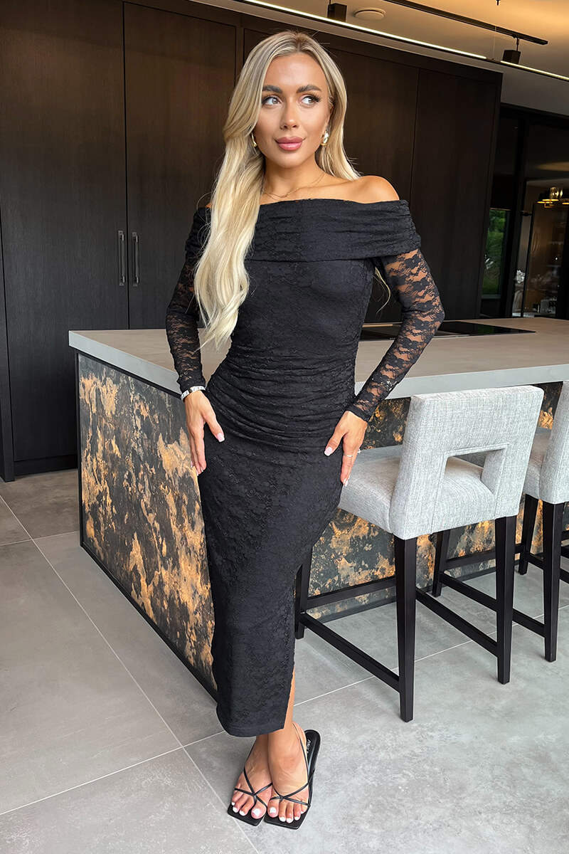 knee length dresses for ladies Idyll Black Lace Bardot Feather Fishtail Maxi Dress – Club L London main image 1