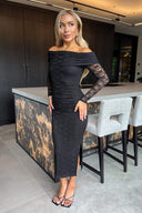 Black Lace Bardot Long Sleeve Ruched Bodycon Midi Dress