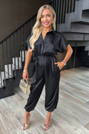 Black Satin Button Front Collared Tie Waist Jumpsuit