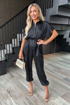 Black Satin Button Front Collared Tie Waist Jumpsuit