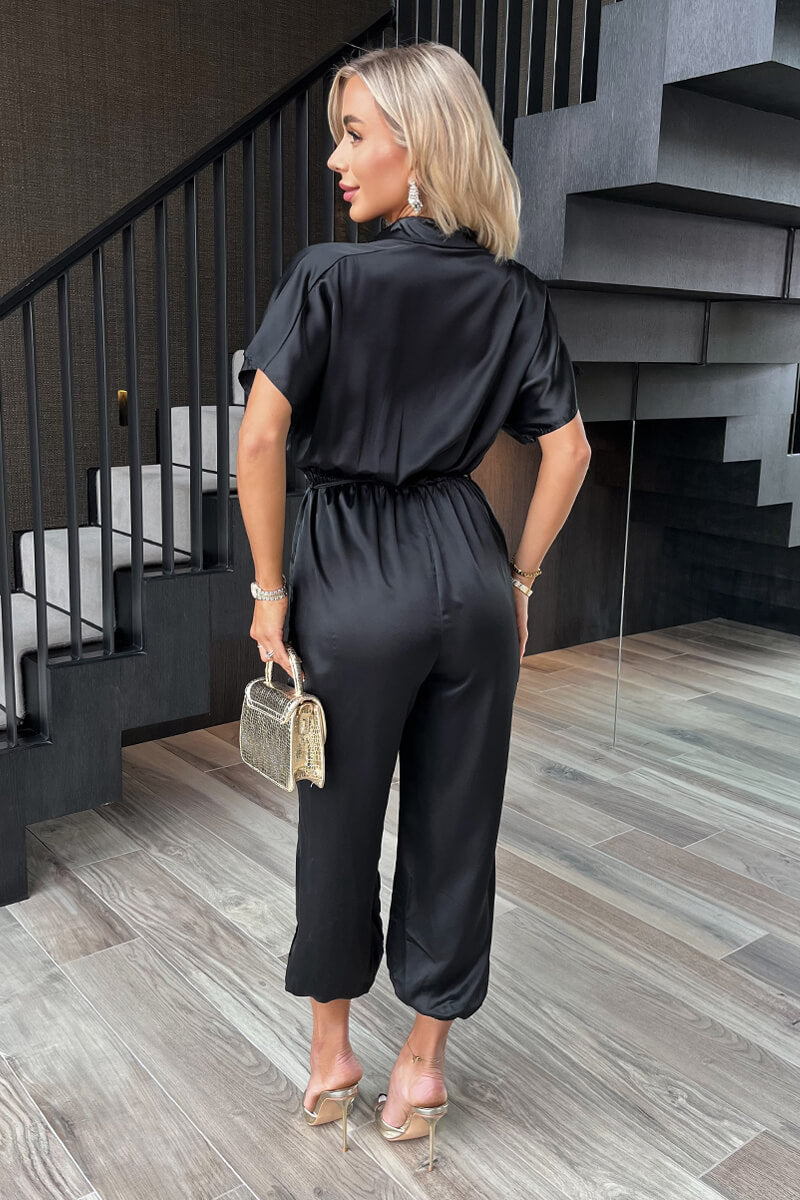 Black Satin Button Front Collared Tie Waist Jumpsuit