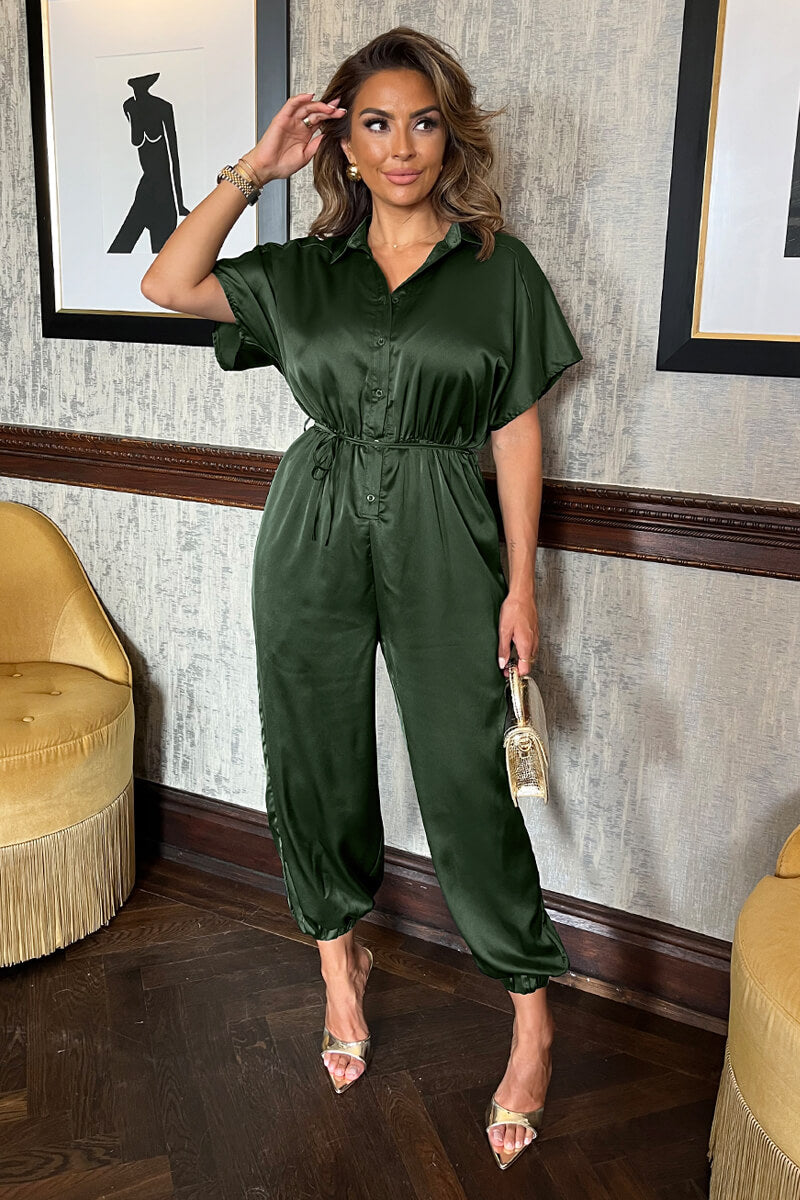 Olive Satin Button Front Collared Tie Waist Jumpsuit