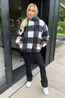 Black Check Drawstring Teddy Hoodie