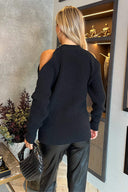 Black Diamante Neck Detail Cut Out Shoulder Knit Jumper