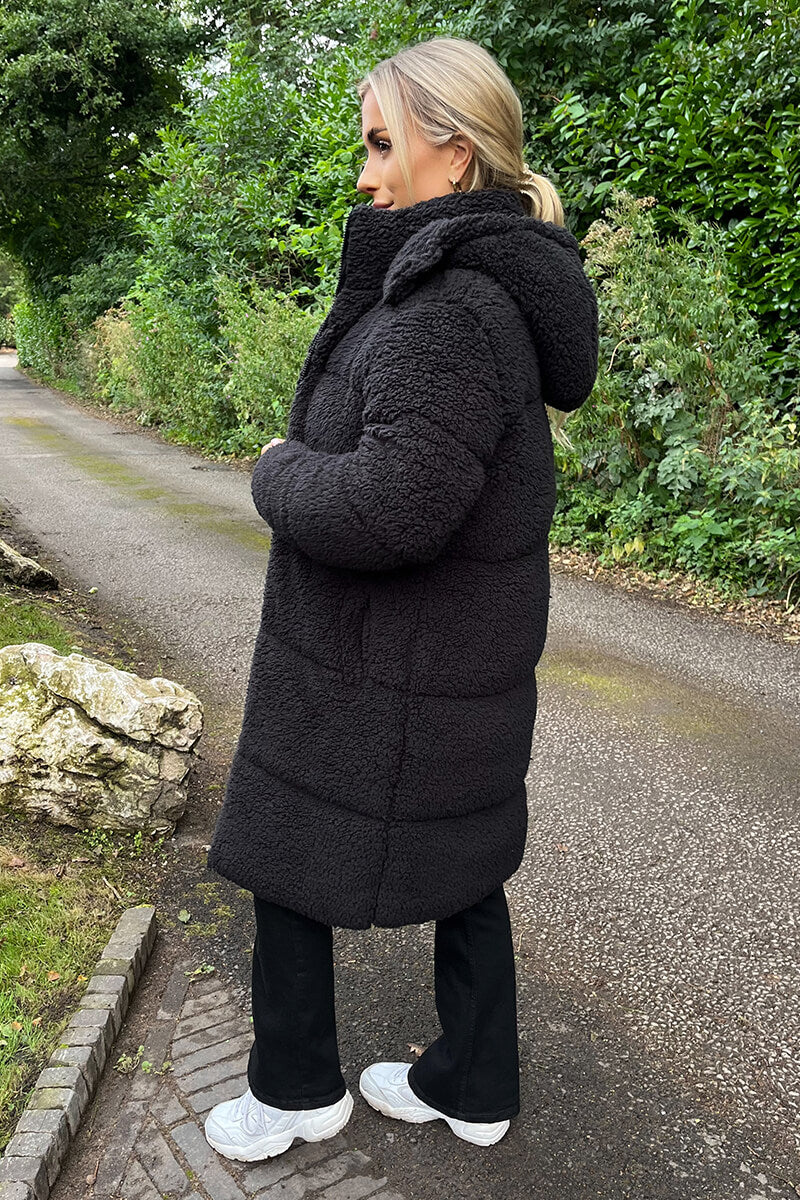 Black Teddy Panelled Long Coat