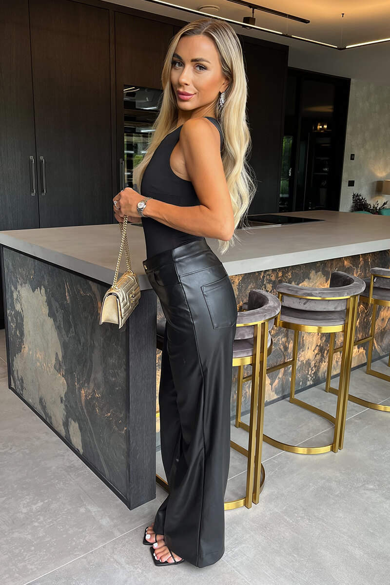 Black Faux Leather Wide Leg Trousers