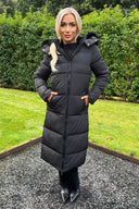 Black Faux Fur Hooded Longline Padded Coat