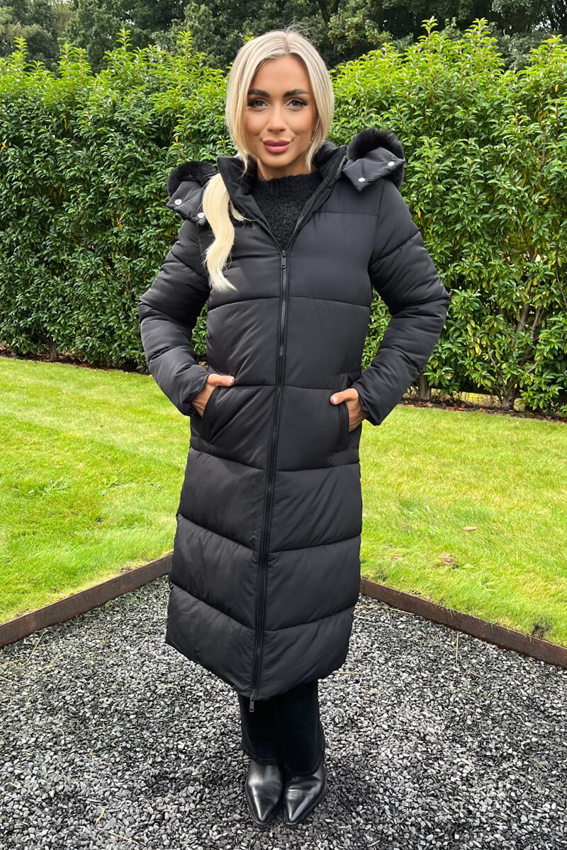 Black Faux Fur Hooded Longline Padded Coat