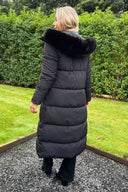 Black Faux Fur Hooded Longline Padded Coat