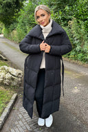 Black Tie Waist Quilted Longline Puffer Coat