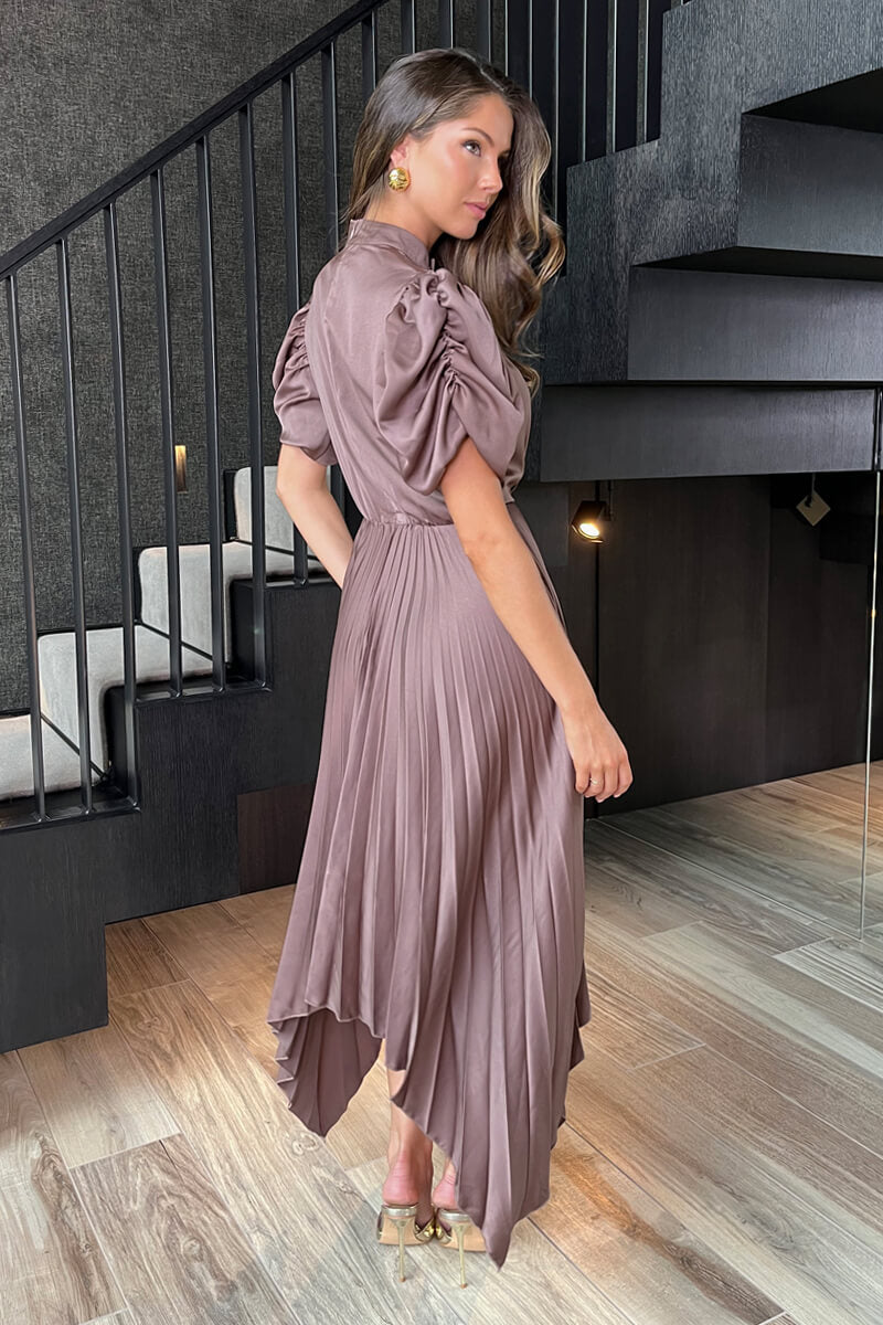 Taupe High Neck Puff Sleeve Zig Zag Hem Pleated Midi Dress