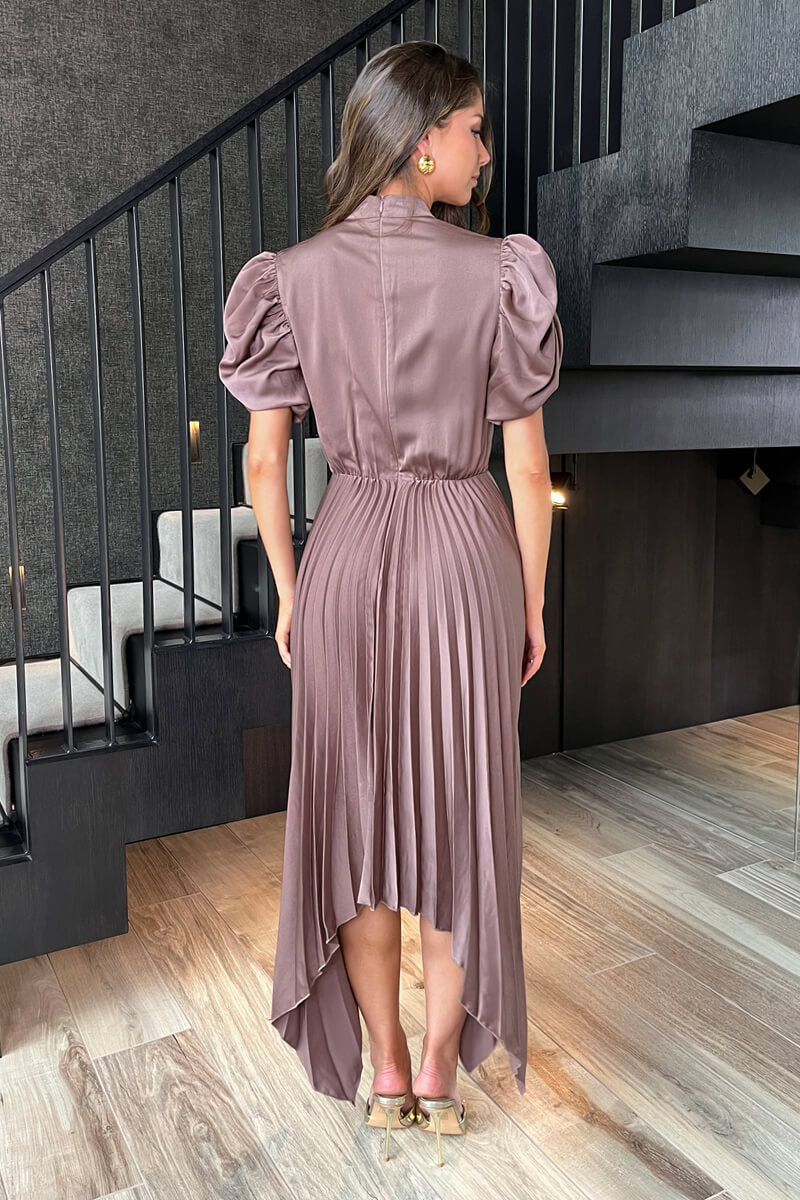 Taupe High Neck Puff Sleeve Zig Zag Hem Pleated Midi Dress