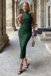 Green Sequin Ruched Side Split Leg Midi Dress