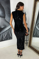 Black Velvet Sequin High Neck Ruched Side Midi Dress