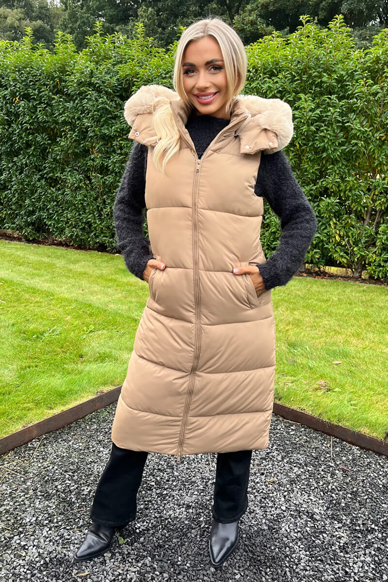 Biscuit Faux Fur Hooded Longline Padded Gilet