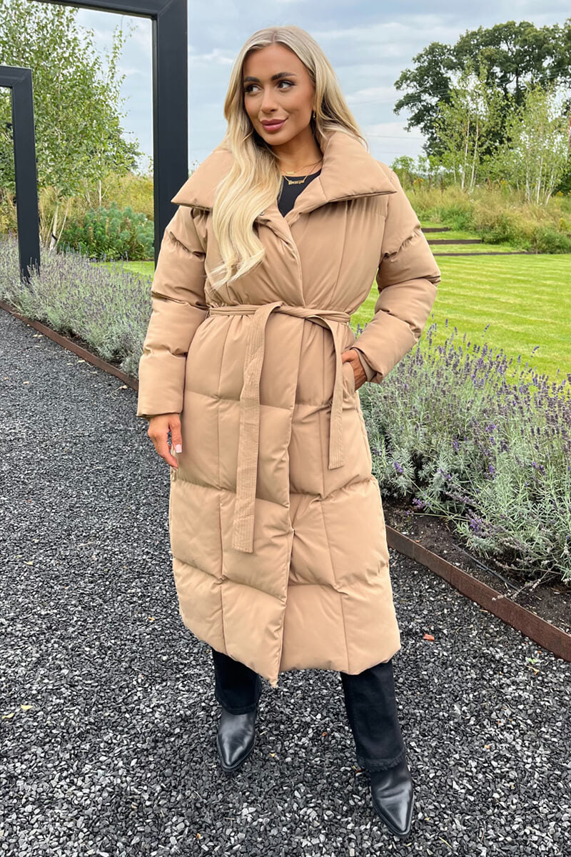 Biscuit Tie Waist Quilted Longline Puffer Coat