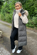 Khaki Faux Fur Hooded Longline Padded Gilet