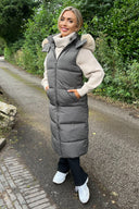 Khaki Faux Fur Hooded Longline Padded Gilet