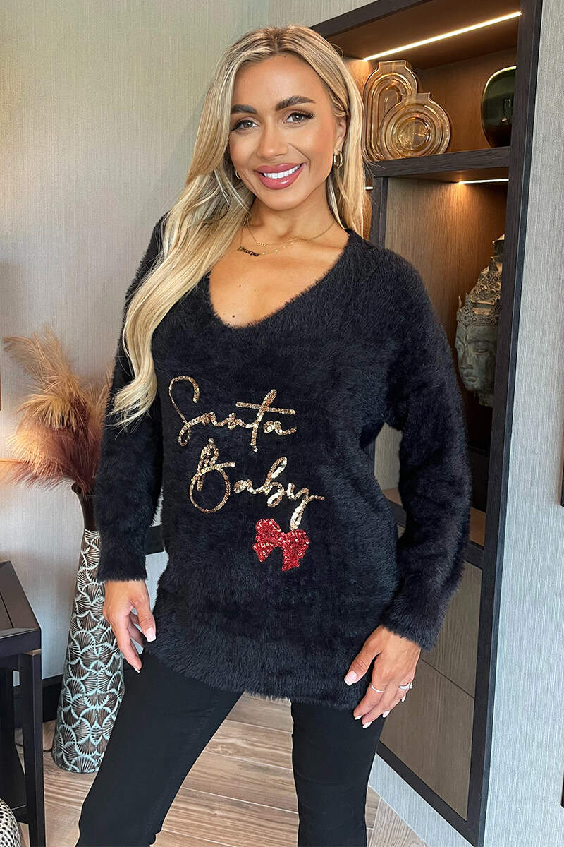 Black Fluffy Santa Baby Sequin Jumper