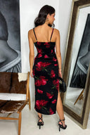 Black And Red Floral Print Ruched Side Strappy Midi Dress