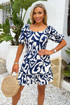 Navy And Cream Abstract Print Short Sleeve Frill Hem Mini Dress