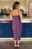 Plum Sparkle Strappy Wrap Top Gathered Skirt Midi Dress