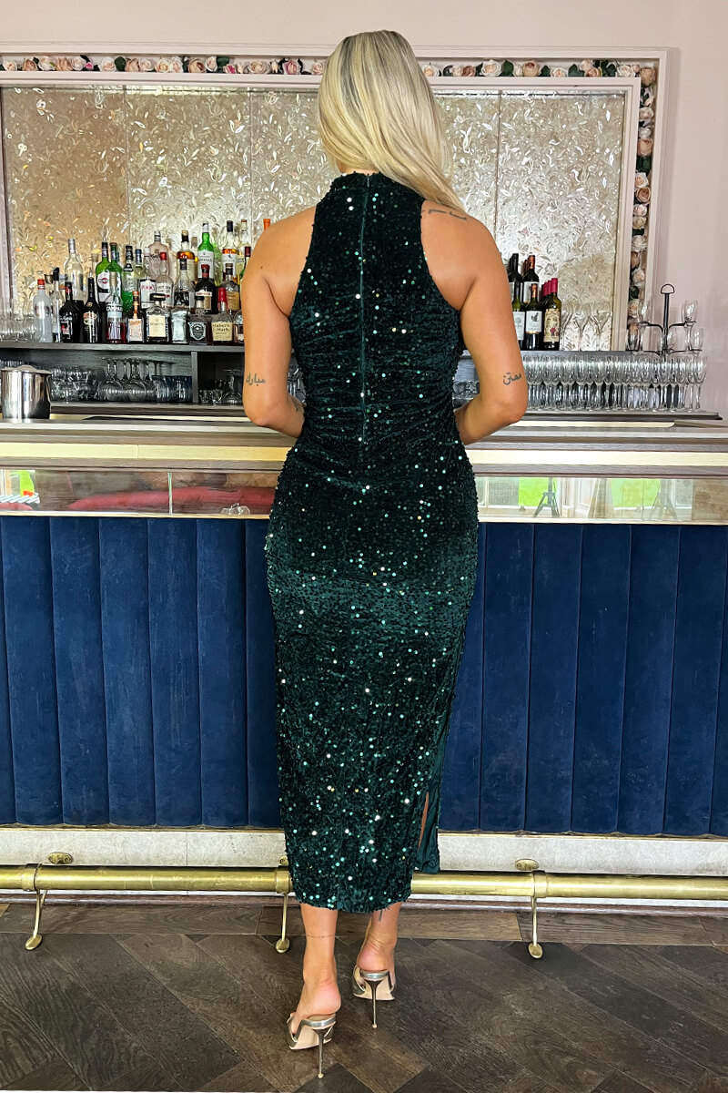 Green Velvet And Sequin Racer Neck Midi Dress