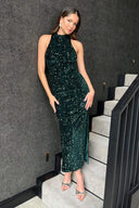 Green Velvet And Sequin Racer Neck Midi Dress