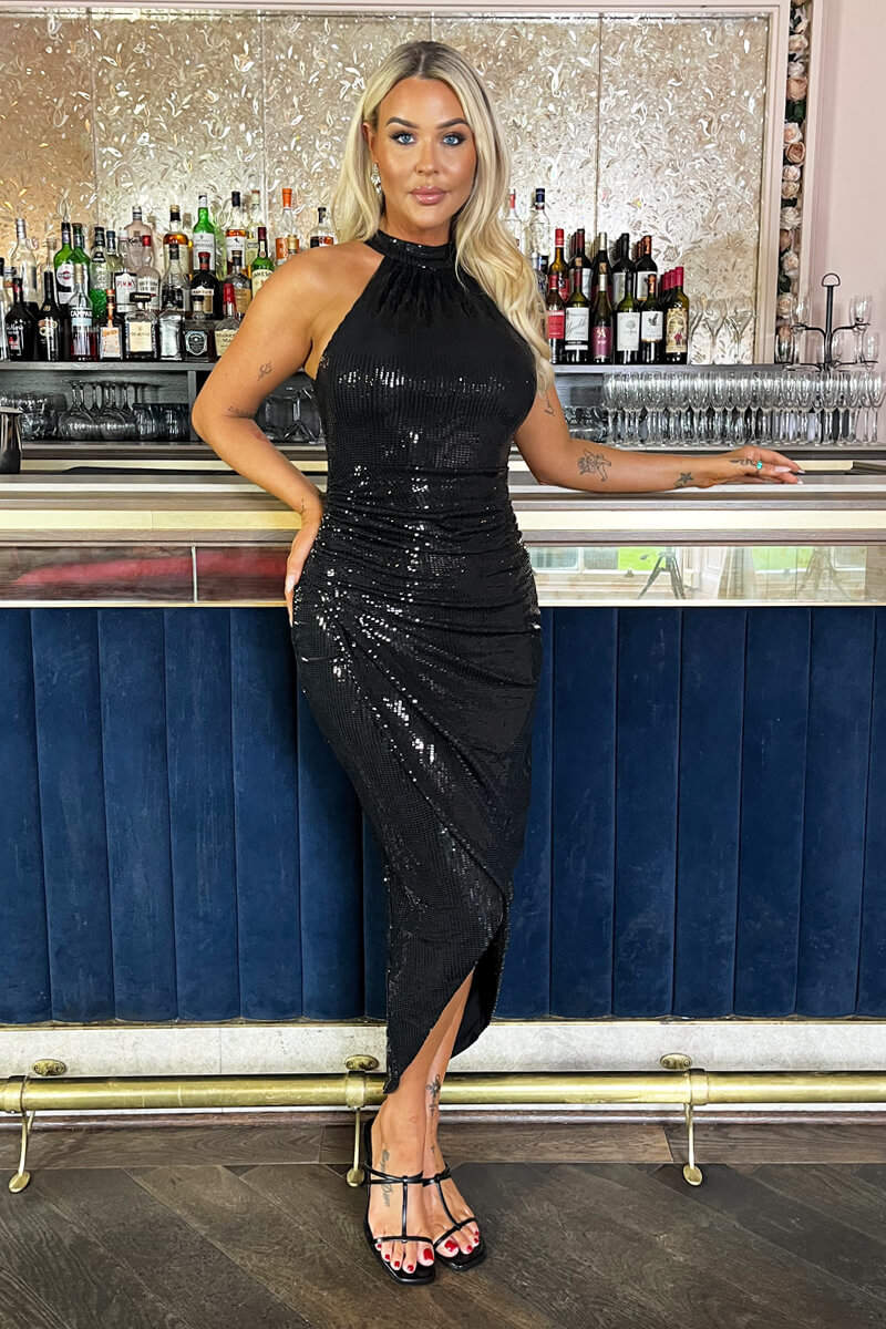 Black Rectangular Sequin Halter Neck Draped Wrap Skirt Midi Dress AX Paris US Black Rectangular Sequin Halter Neck Draped Wrap Skirt Midi Dress AX Paris US