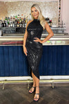 Black Rectangular Sequin Halter Neck Draped Wrap Skirt Midi Dress