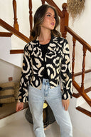 Black And Cream Abstract Print Collared Cropped Blazer