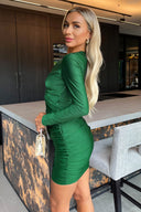 Green Long Sleeve V Neck Knot Detail Cut Out Ruched Skirt Mini Dress