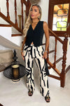 Cream And Black Abstract Print Wide Leg Trousers