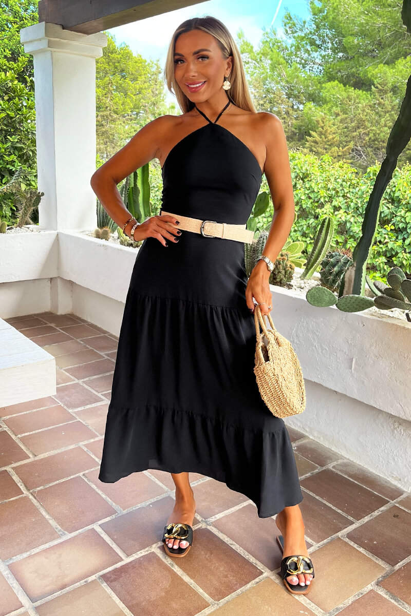 Black Halterneck Straw Belt Tiered Midi Dress