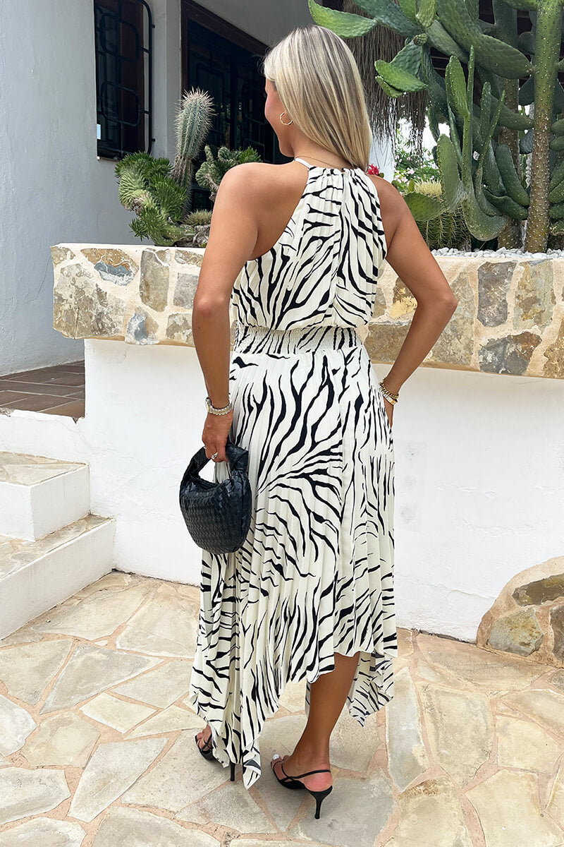 Black And Cream Zebra Print Zig Zag Hem Pleated Midi Dress