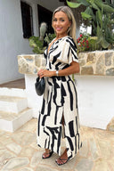 Black And Cream Abstract Print V Neck Batwing Midi Dress