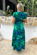 Green And Blue Abstract Print Short Sleeve Belted Wrap Midi Dress