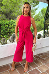 Magenta Racer Neck Tie Waist Jumpsuit