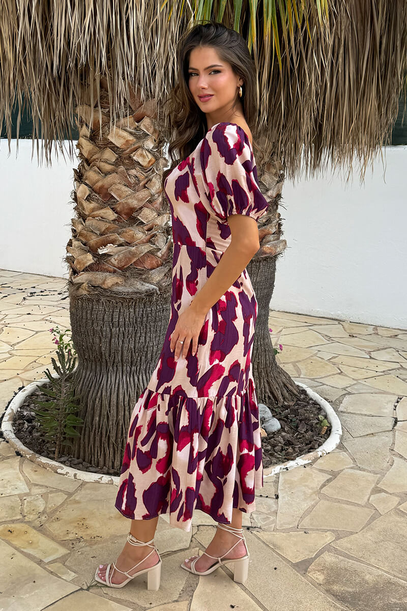 Purple And Cream Animal Print Puff Sleeve Smock Midi Dress