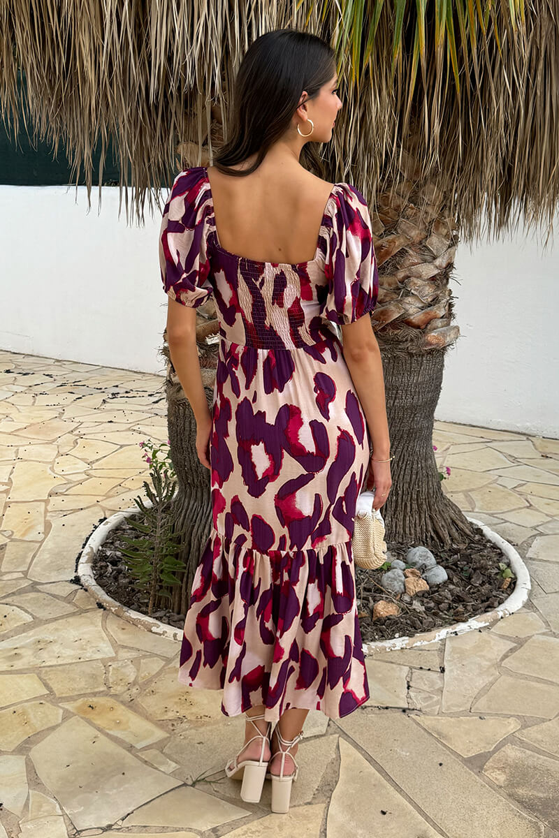 Purple And Cream Animal Print Puff Sleeve Smock Midi Dress