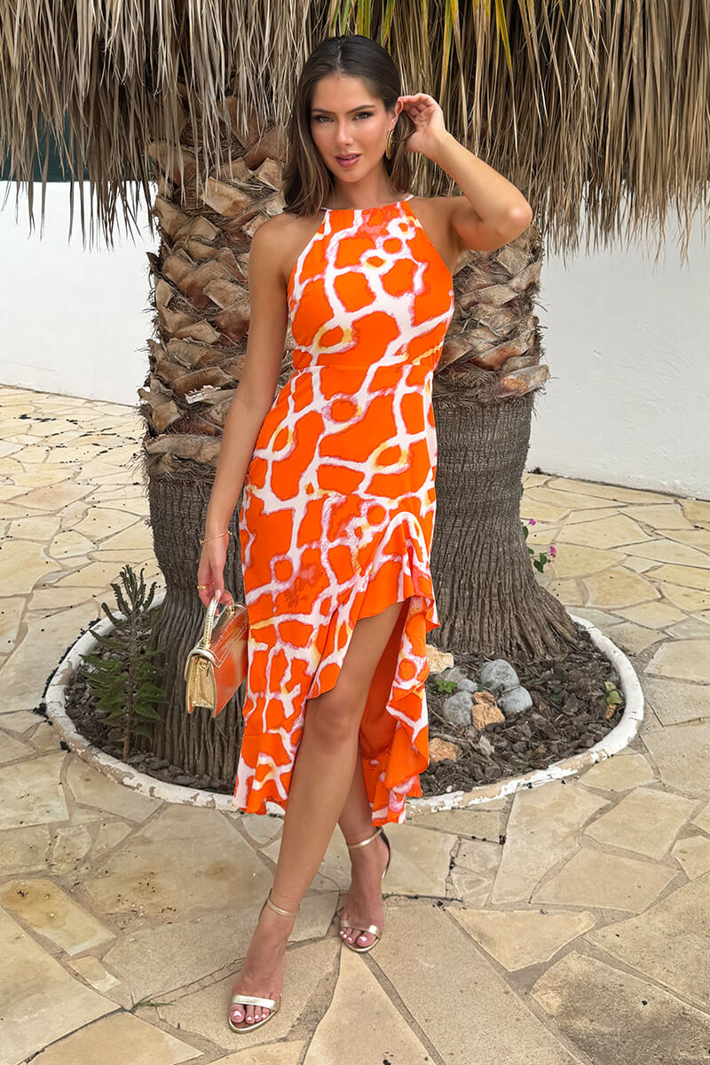 Orange Giraffe Print Racer Neck High Low Frill Hem Midi Dress