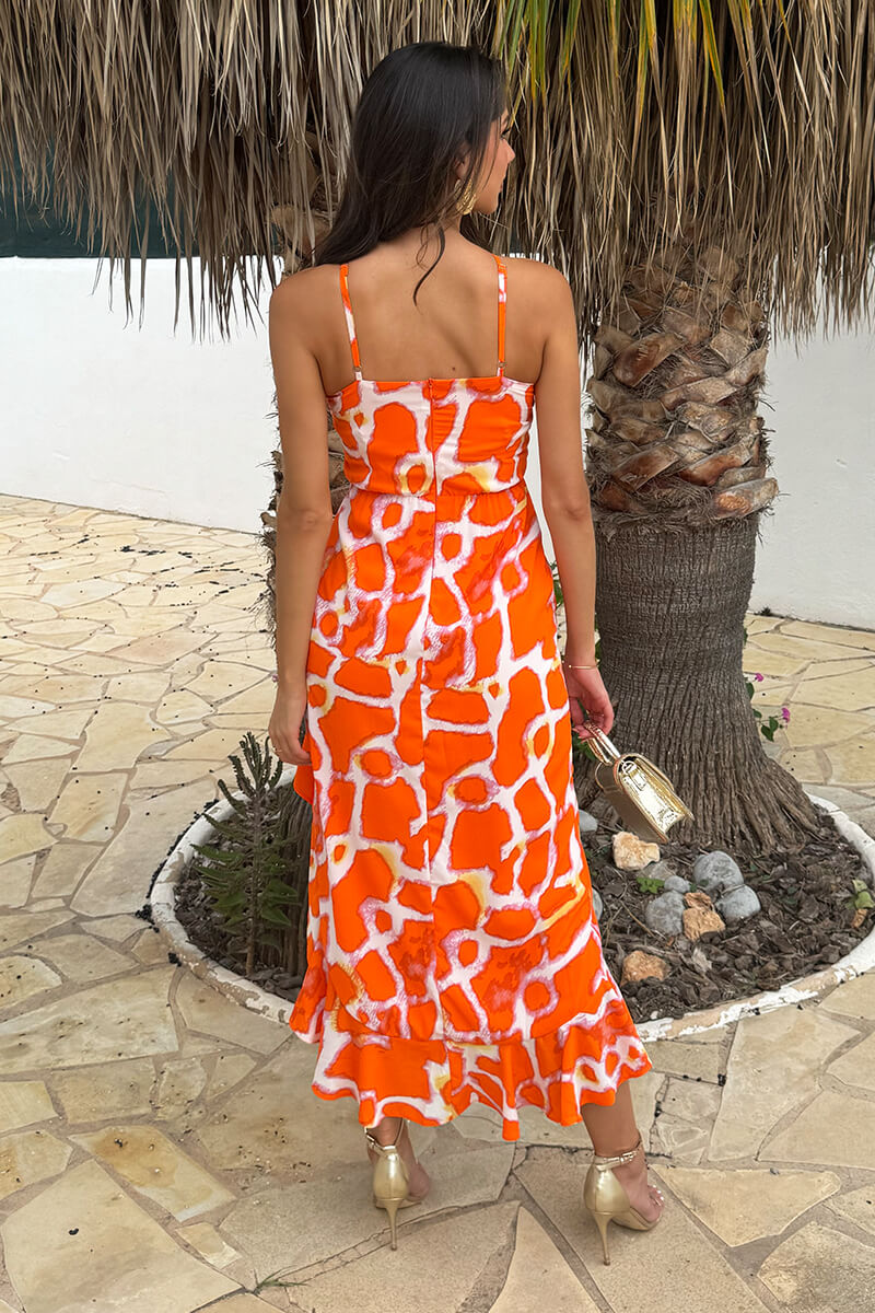 Orange Giraffe Print Racer Neck High Low Frill Hem Midi Dress