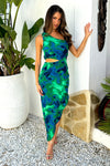 Green And Blue Abstract Print One Shoulder Cut Out Asymmetric Hem Midi Dress