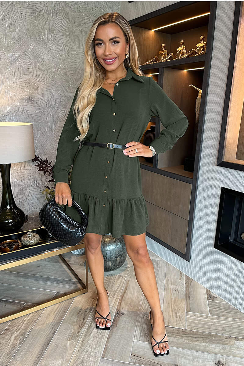 Olive Long Sleeve Frill Hem Shirt Mini Dress AX Paris US Olive Long Sleeve Frill Hem Shirt Mini Dress AX Paris US