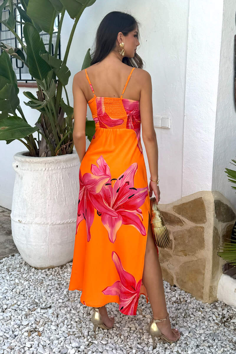 Orange And Pink Floral Print Strappy Slip Midi Dress