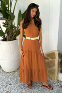 Rust Halterneck Straw Belt Tiered Midi Dress