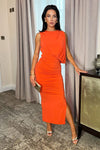 Burnt Orange Sleeveless Draped Top Ruched Skirt Midi Dress