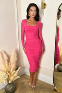 Pink Square Neck Long Sleeve Ruched Bodycon Mesh Midi Dress