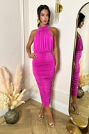 Hot Pink Halter Neck Ruched Bodycon Midi Dress