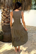 Khaki Round Neck Ribbed Top Tiered Skirt Midi Dress